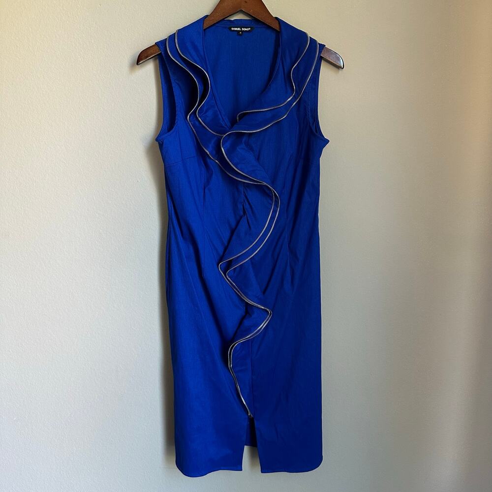 Samuel Dong Bold Blue Cocktail Dress Zipper Knee Length Ruffle High-Fashion